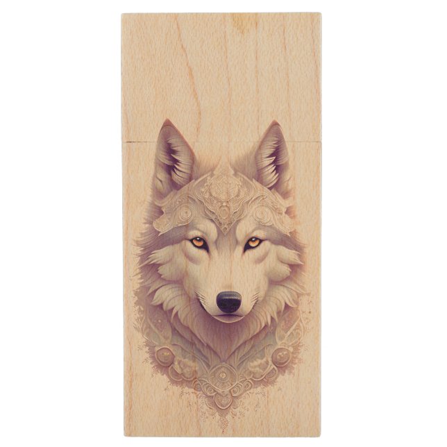 White Wolf - USB Flash Driver Wood Flash Drive (Front Vertical)