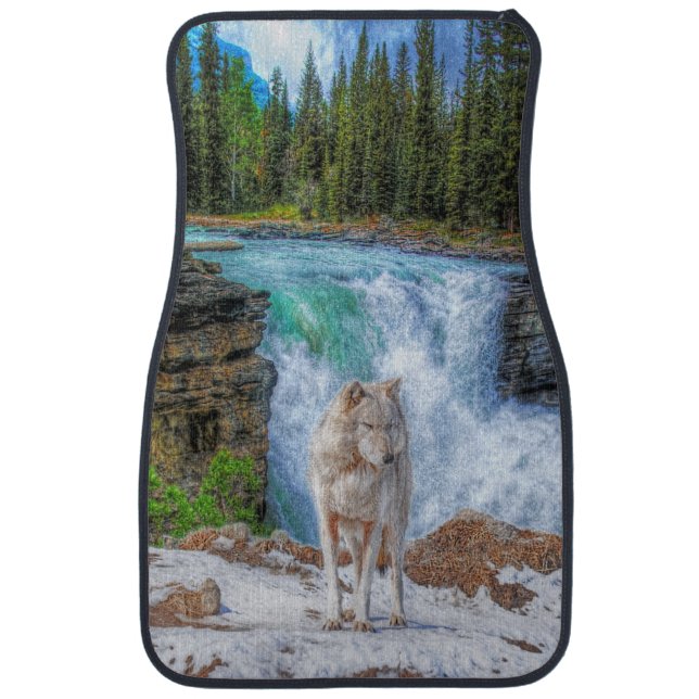 White Wolf & Waterfall Wildlife Art Car Floor Mat (Front)