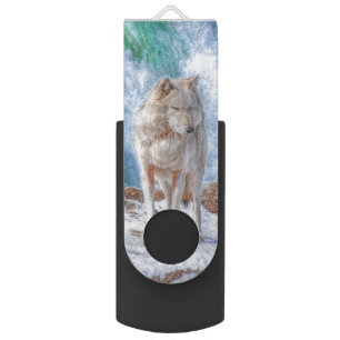 White Wolf & Waterfall Wildlife Art Flash Drive