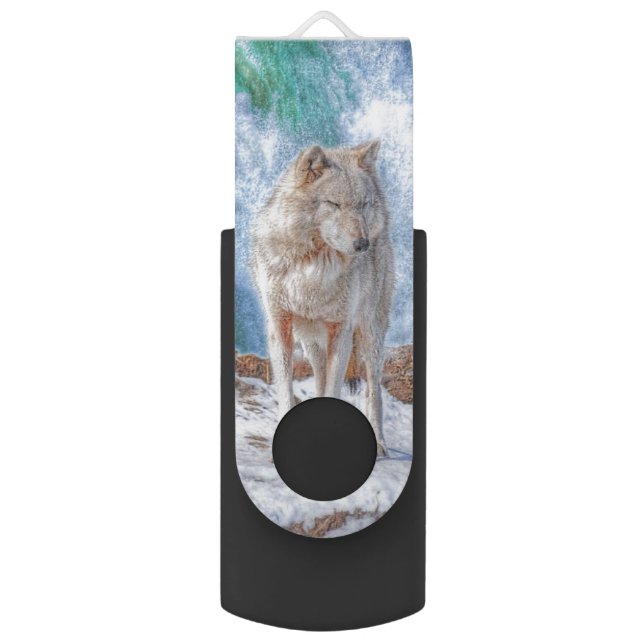White Wolf & Waterfall Wildlife Art Flash Drive (Front Vertical)
