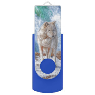 White Wolf & Waterfall Wildlife Art USB Flash Drive