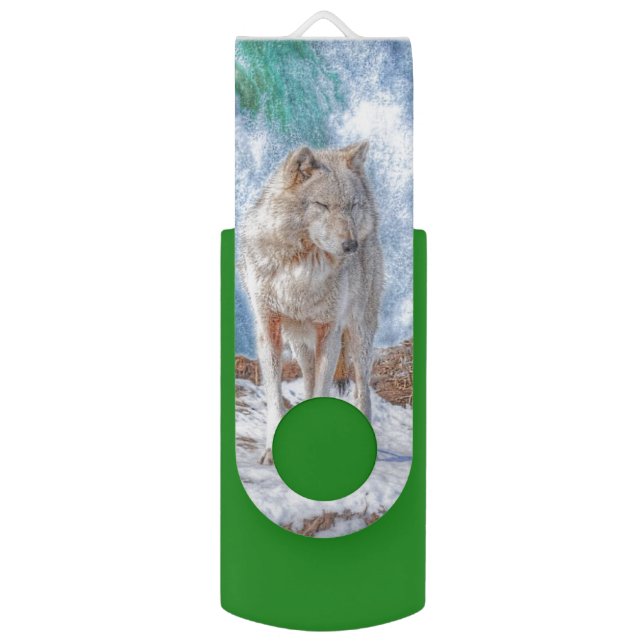 White Wolf & Waterfall Wildlife Art USB Flash Drive (Front Vertical)