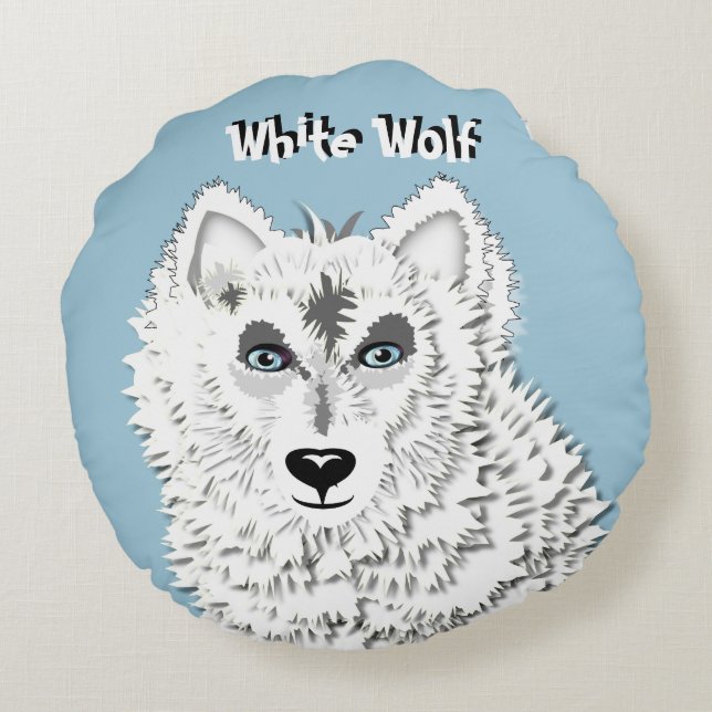 White Wolf Wild Animal Illustration Round Pillow (Back)