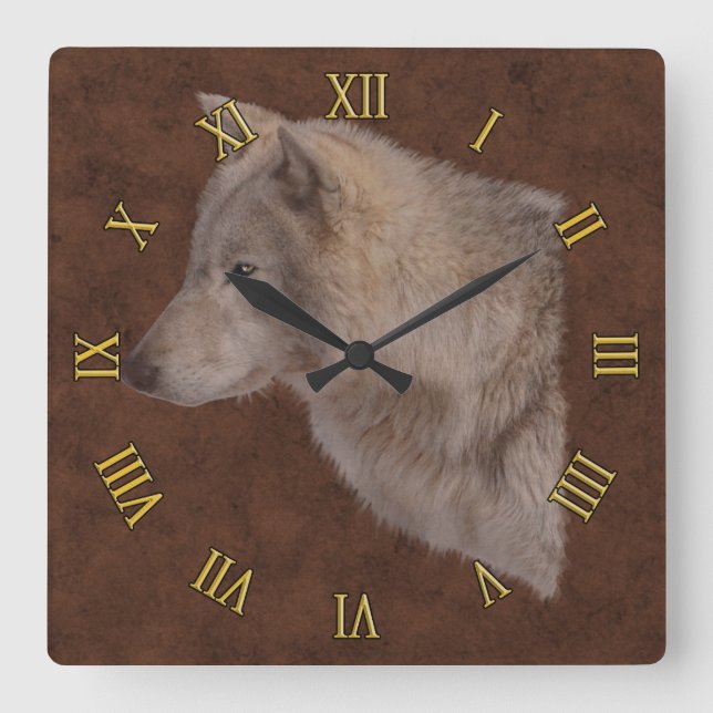 White Wolf Wildlife Portrait Art Square Wall Clock (Front)