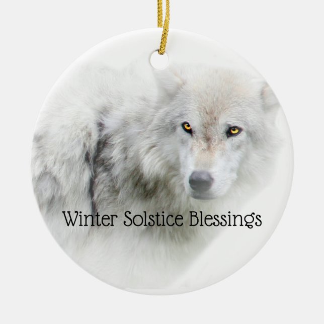 White Wolf Winter Solstice Blessings Ceramic Ornament (Front)