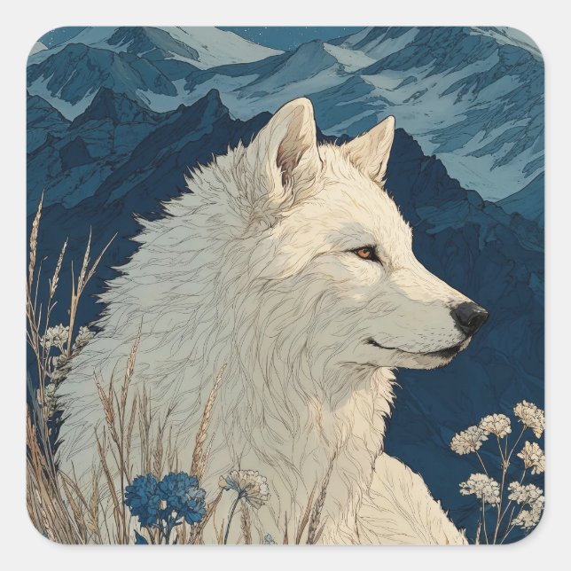 White Wolf with Blue Flowers and Snowy Mountains Square Sticker (Front)