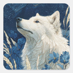 White Wolf with Blue Flowers and Starry Night Square Sticker