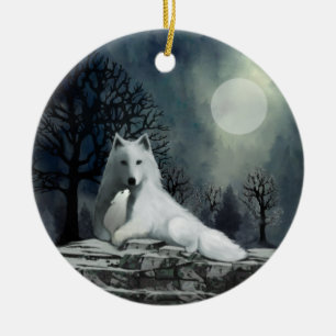 White Wolf with Pup Ornament