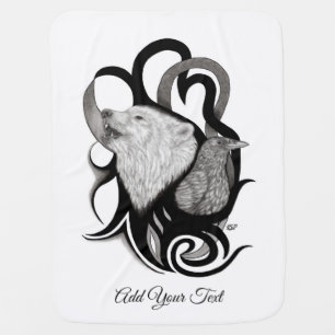 White Wolf with Raven Tribal Art Baby Blanket