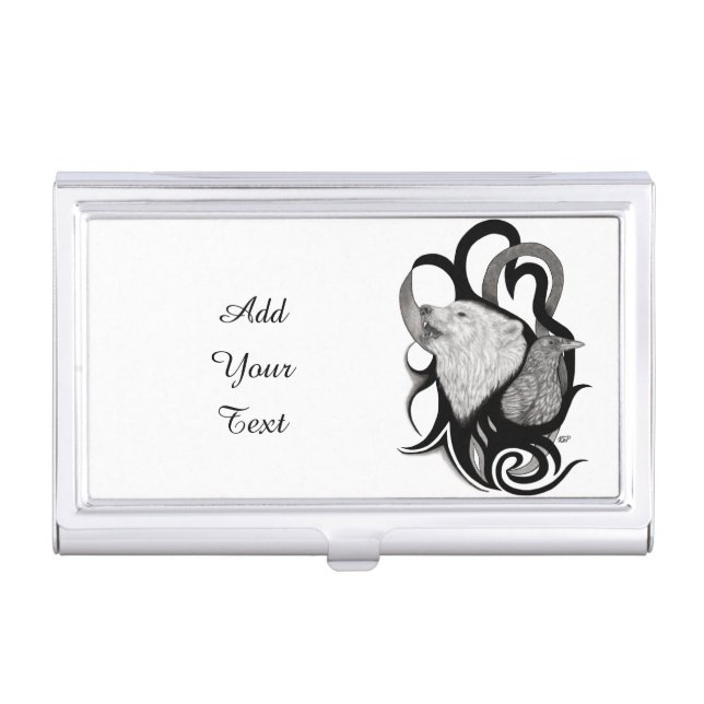 White Wolf with Raven Tribal Art Business Card Case (Front)