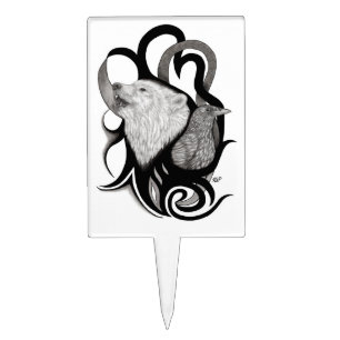 White Wolf with Raven Tribal Art Cake Topper