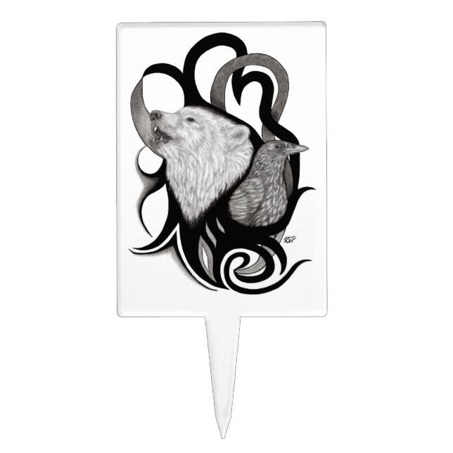 White Wolf with Raven Tribal Art Cake Topper (Front)