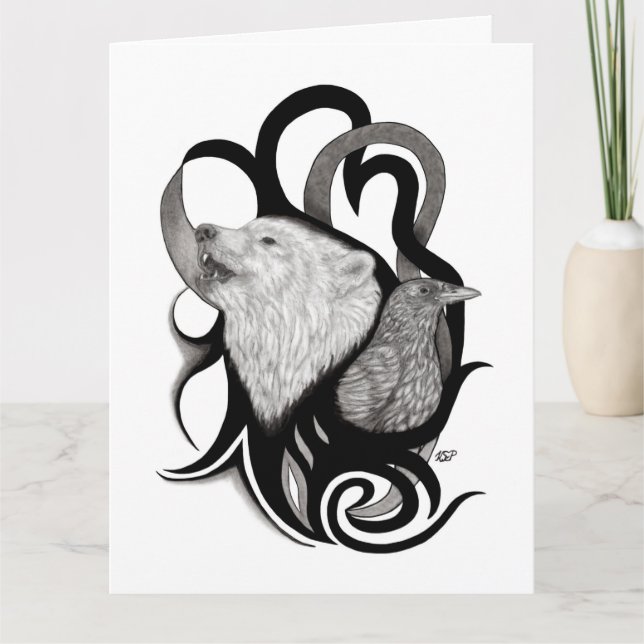 White Wolf with Raven Tribal Art Card (Front)