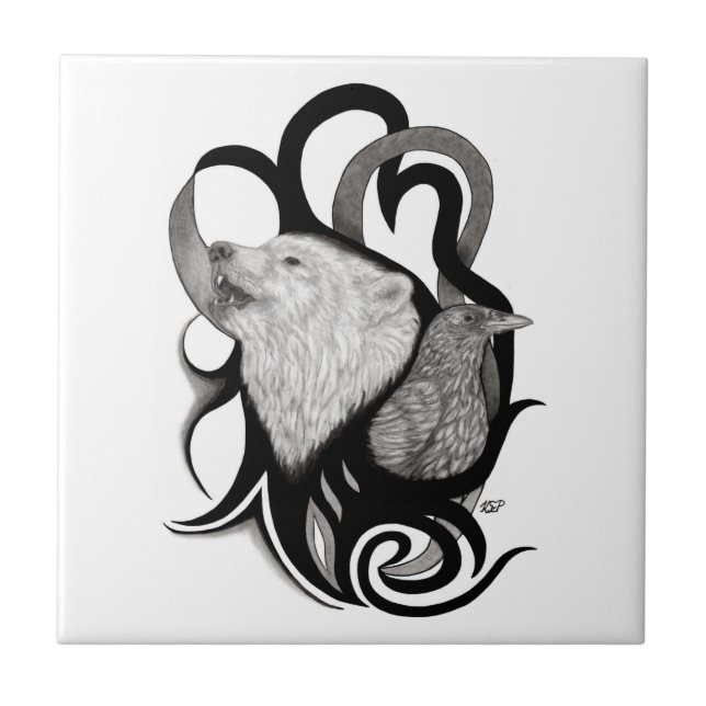 White Wolf with Raven Tribal Art Ceramic Tile (Front)