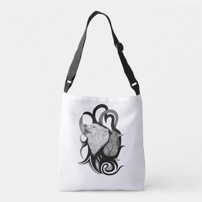 White Wolf with Raven Tribal Art Crossbody Bag (Back)