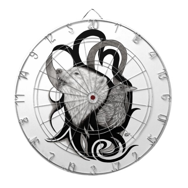 White Wolf with Raven Tribal Art Dart Board (Front)