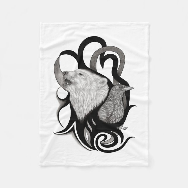 White Wolf with Raven Tribal Art Fleece Blanket (Front)