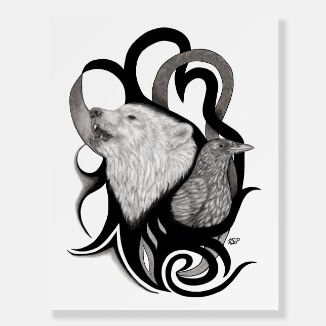 White Wolf with Raven Tribal Art Foam Board (Front)
