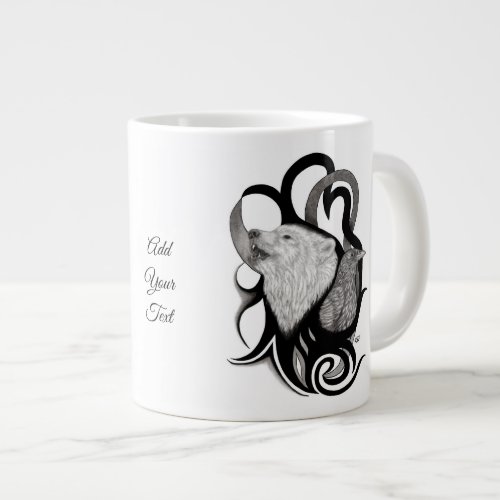 White Wolf with Raven Tribal Art Giant Coffee Mug