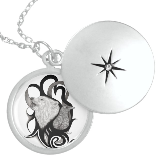 White Wolf with Raven Tribal Art Locket Necklace (Front)