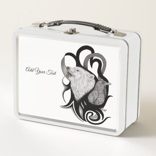White Wolf with Raven Tribal Art Metal Lunch Box