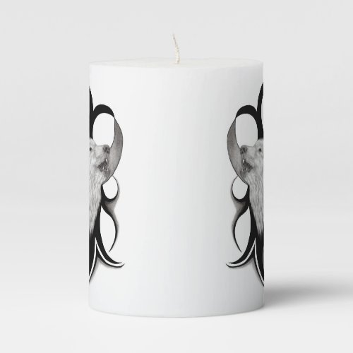 White Wolf with Raven Tribal Art Pillar Candle