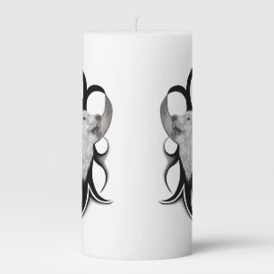 White Wolf with Raven Tribal Art Pillar Candle