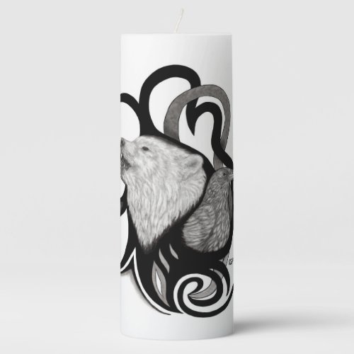 White Wolf with Raven Tribal Art Pillar Candle