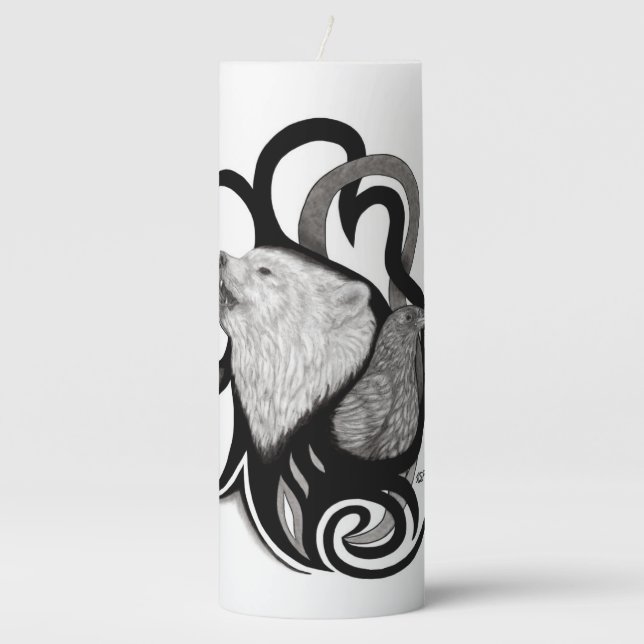 White Wolf with Raven Tribal Art Pillar Candle (Front)