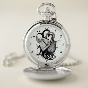 White Wolf with Raven Tribal Art Pocket Watch