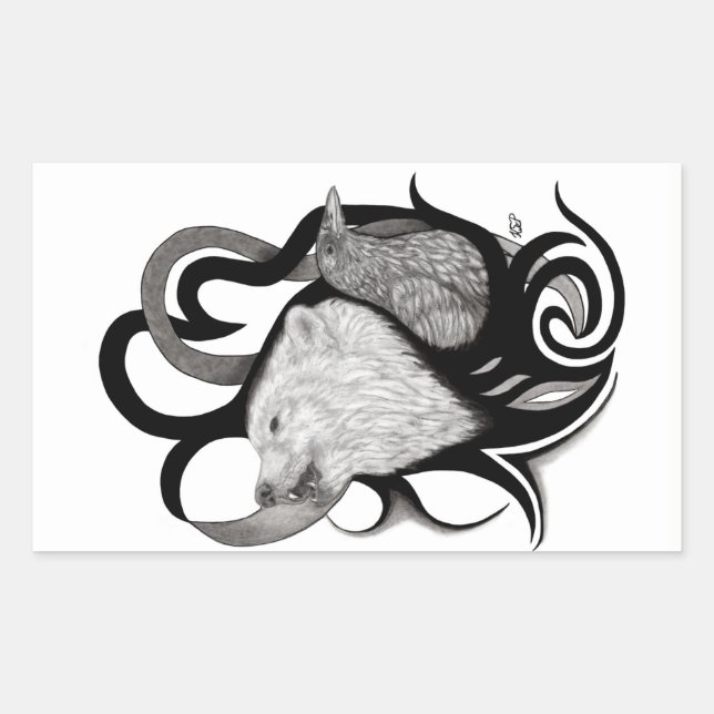 White Wolf with Raven Tribal Art Rectangular Sticker (Front)