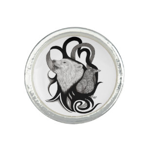 White Wolf with Raven Tribal Art Ring