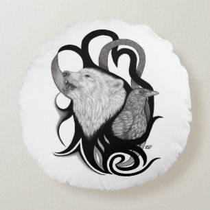 White Wolf with Raven Tribal Art Round Pillow