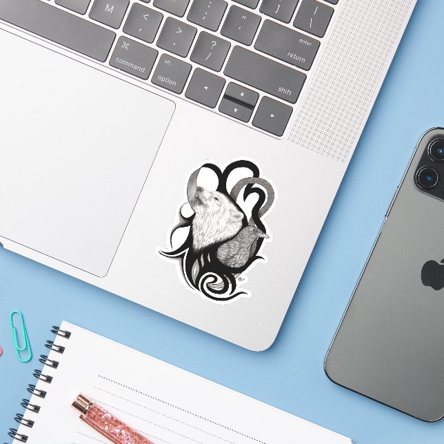 White Wolf with Raven Tribal Art Sticker (Laptop w/ iPhone)