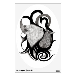 White Wolf with Raven Tribal Art Wall Decal