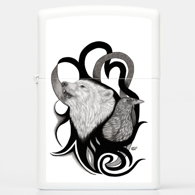 White Wolf with Raven Tribal Art Zippo Lighter (Front)