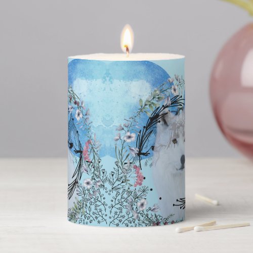 White Wolf With Two Moons Pillar Candle