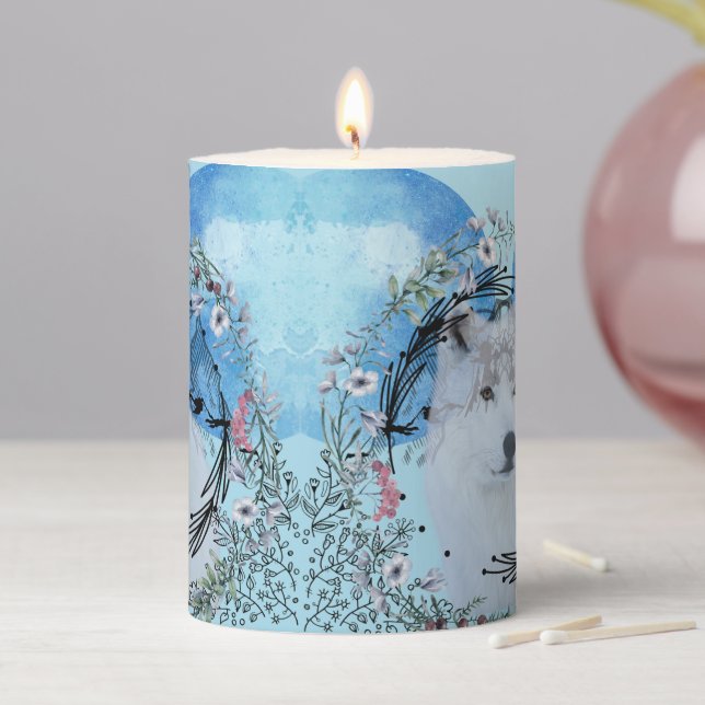 White Wolf With Two Moons Pillar Candle (In Situ)