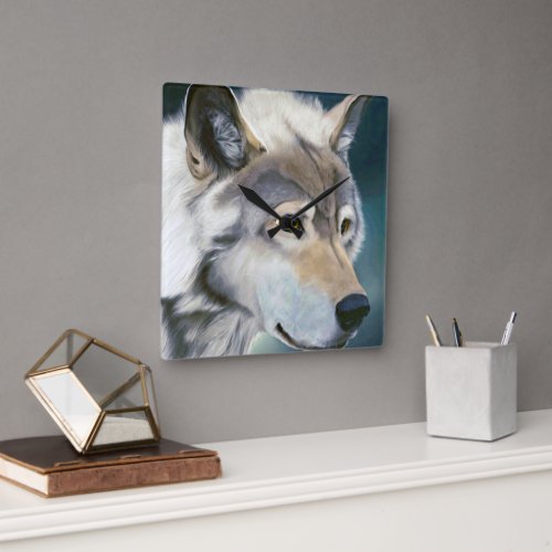 White wolf with yellow eyes wall clock