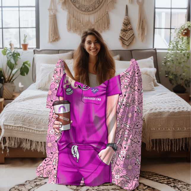 White Woman Nurse Doctor in Pink Scrubs Sherpa Blanket (Image has been enhanced for details )