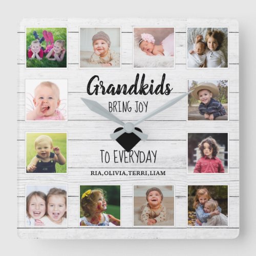White Wood 12 Photo Collage Grandkids Quote   Square Wall Clock