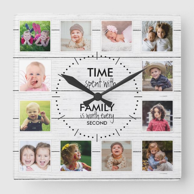 White Wood 12 Photo Template Time Family Quote   Square Wall Clock (Front)