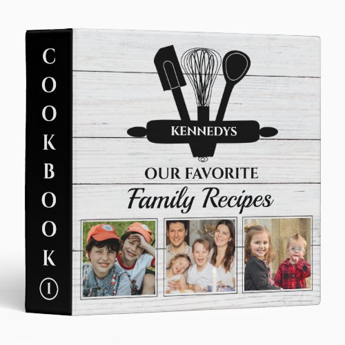 White Wood 4 Photo Family Recipe Cookbook   3 Ring Binder