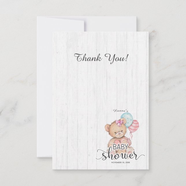 White Wood Balloon Bear Girl Baby Shower Thank You Card (Front)