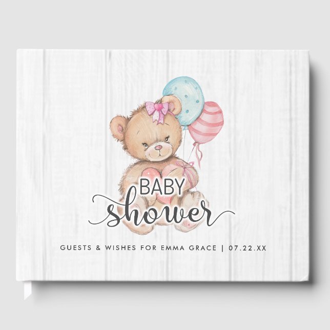 White Wood Balloons & Bear Wishes for Baby Shower Guest Book (Front)