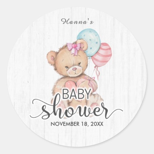 White Wood Balloons  Teddy Bear Girl Baby Shower Classic Round Sticker