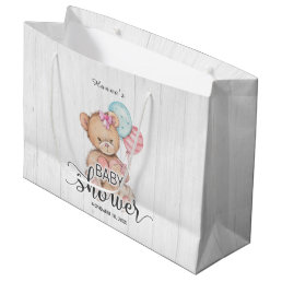 White Wood Balloons &amp; Teddy Bear Girl Baby Shower Large Gift Bag