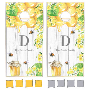 White wood bee honeycom honey monogram cornhole set