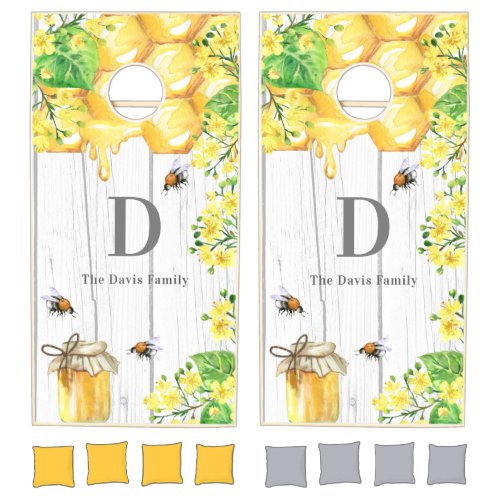 White wood bee honeycom honey monogram cornhole set