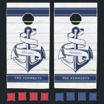 White Wood Blue Anchor Family Name Nautical    Cornhole Set<br><div class="desc">Rustic wood cornhole set for fun game time at family reunions, housewarming parties, weddings, corporate parties, company picnics and birthday parties.  
Nautical themed cornhole set with blue stripe and anchor print on white wood background. Personalize with family name established year.</div>